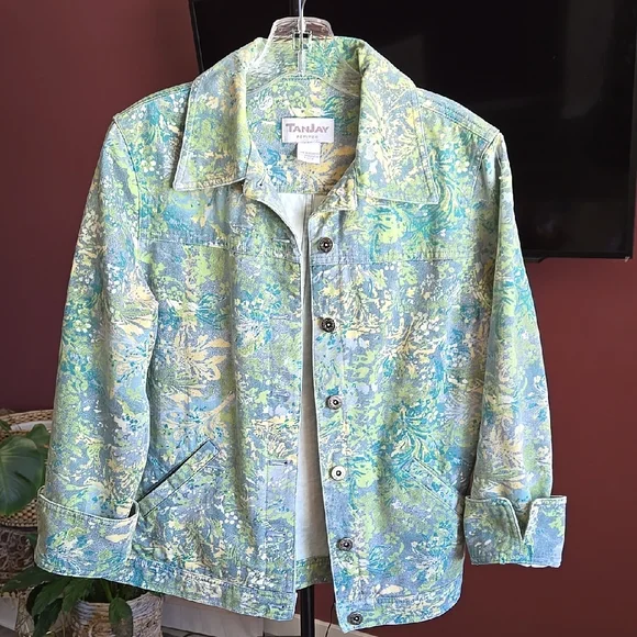 Tanjay Green and Blue Floral Tropical Graphic Print Denim Jacket - Picture 2 of 11